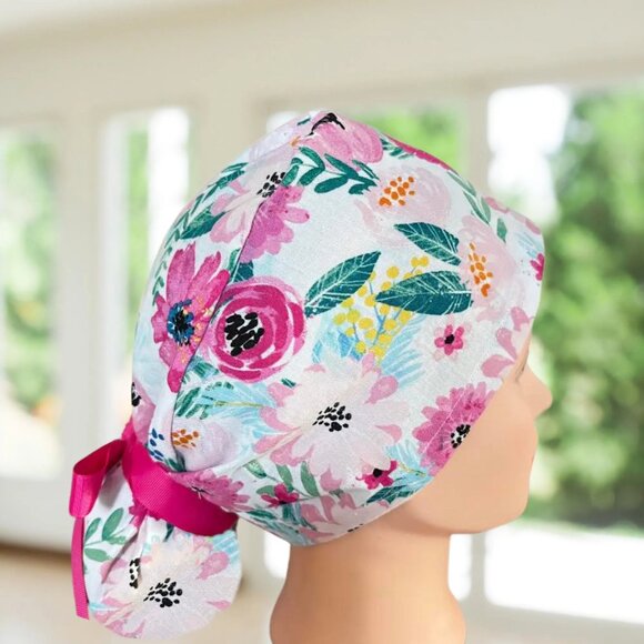 Colorful Floral Ponytail Scrub Cap~ Ponytail Scrub Cap, Surgical Hat, OR, Gifts. - Picture 2 of 5